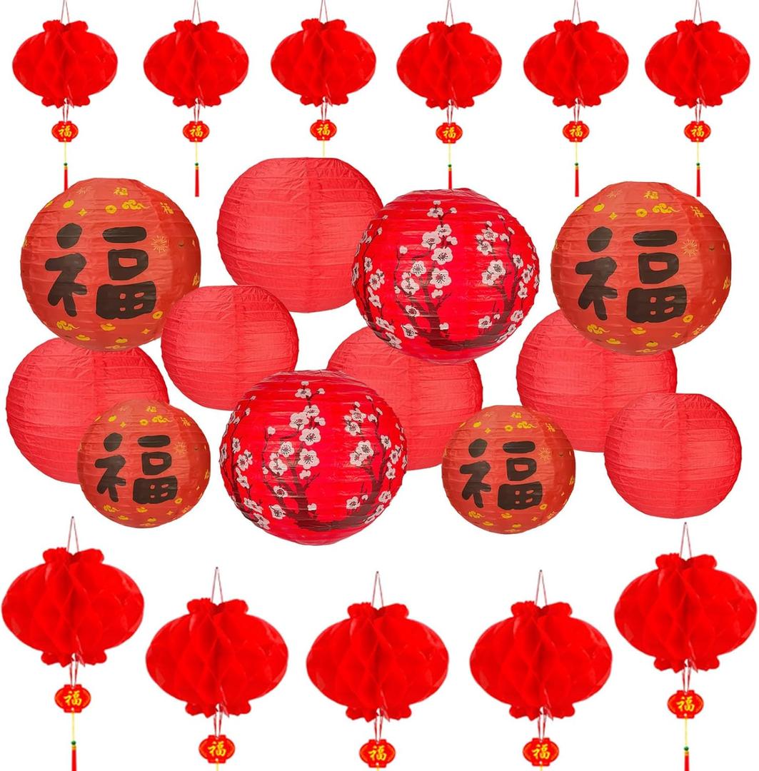 22Pack Chinese Lunar New Year Decorations 2026 Chinese Japanese Paper Lanterns 12in 10in 8in 6in Red Cherry Blossom Lucky Fu Lanterns for Spring Festival Asian Hibachi Home Restaurant Party Decor