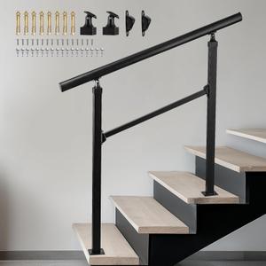 Handrails for Outdoor Stairs,3-4 Step Hand Rails for Outdoor Steps, Reinforced Wrought Iron Railing, Black Exterior Hand Railing for Porch, Deck, or Indoor Stairs (54inch)