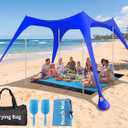 12x12 FT Beach Tent Sun Shelter UPF 50+, XL Beach Canopy with 4 Thickened Aluminum Poles, Sandbags, Windproof Portable Beach Sun Shade with Beach Blanket, Shovels, for Outdoor Camping Fishing RV Trip