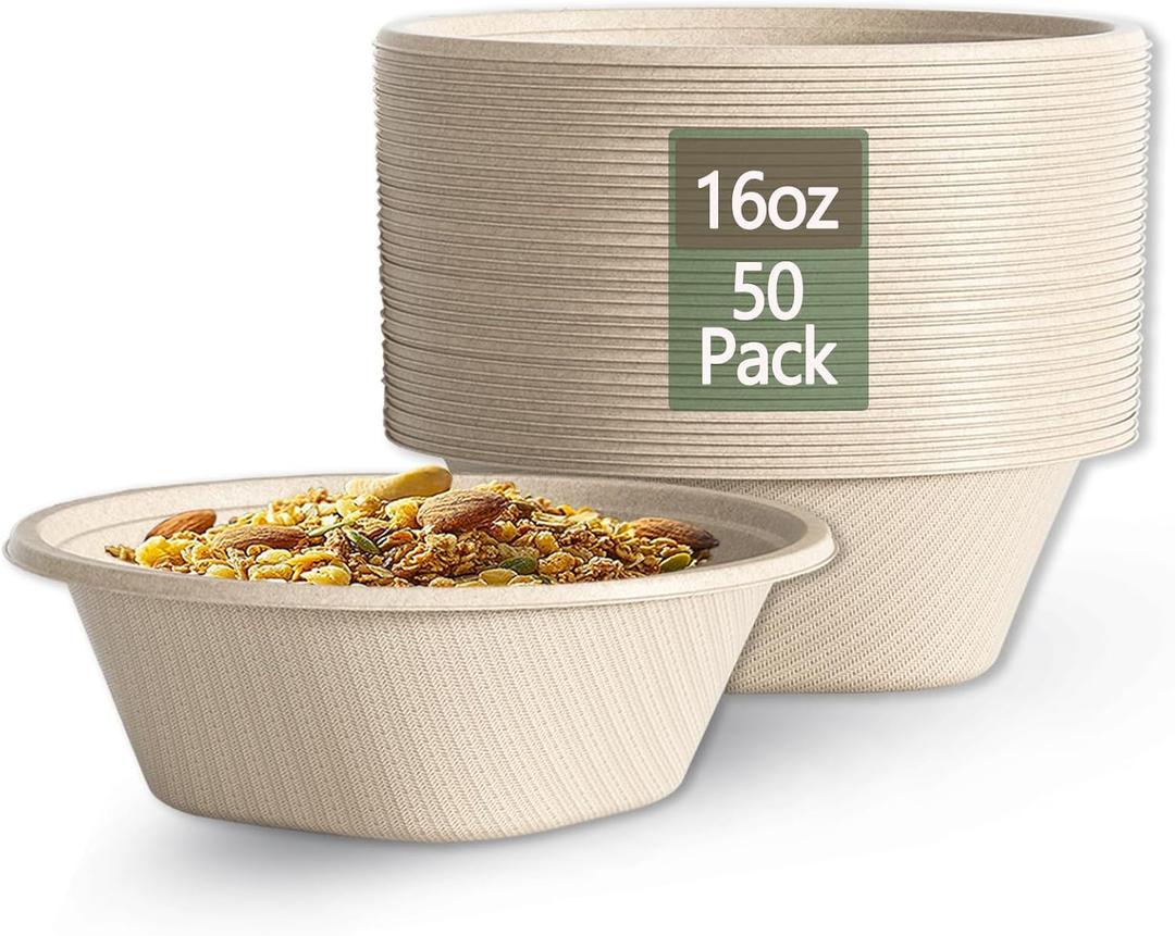 Homestockplus Small Disposable Paper Bowls - Heavy Duty 16 Oz Disposable Bowls - Made from Natural Bagasse Biodegradable Bowl for Cereal, Rice, French Fries [50 Pack]