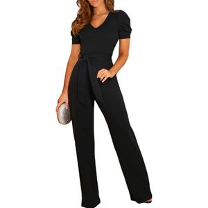 BLENCOT Black Jumpsuit for Women Short Sleeve Casual v Neck Belted Wide Leg Formal Rompers Jumpsuits Large