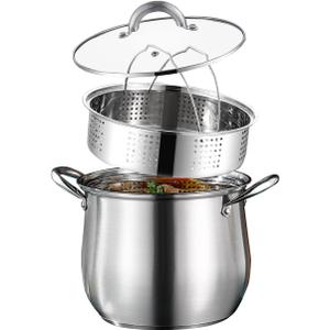 10 Quart Large Stock Pot with Steamer and Glass Lid, Stainless Steel Mirror Polished Stockpot Soup Pot for Cooking, Silver, Dishwasher Safe