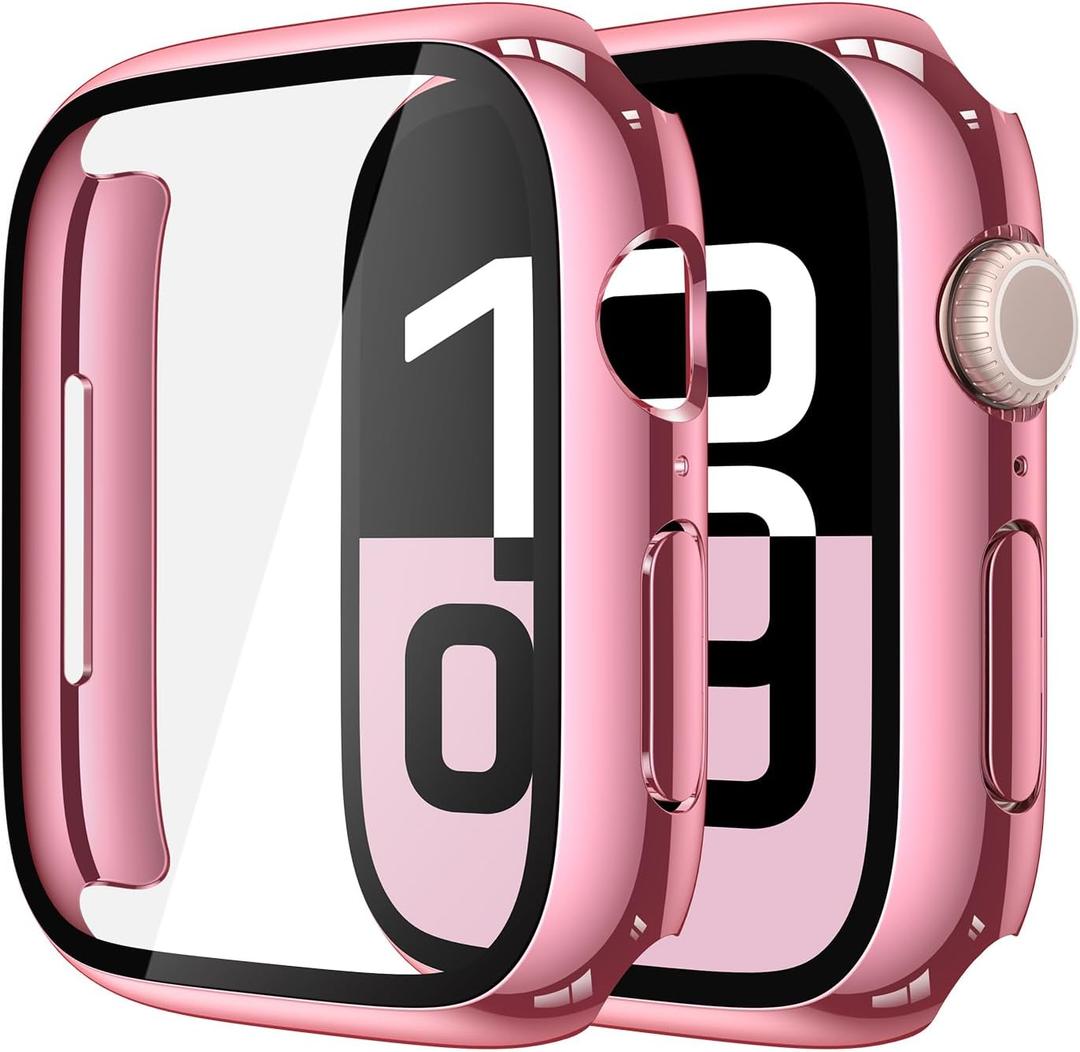 Misxi 2 Pack Tempered Glass Case Compatible for Apple Watch Series 11 (2025) Series 10 46mm, Hard PC Screen Protector Overall Protection Scratch-Resistant Cover for iWatch, 1 Rose Pink + 1 Transparent