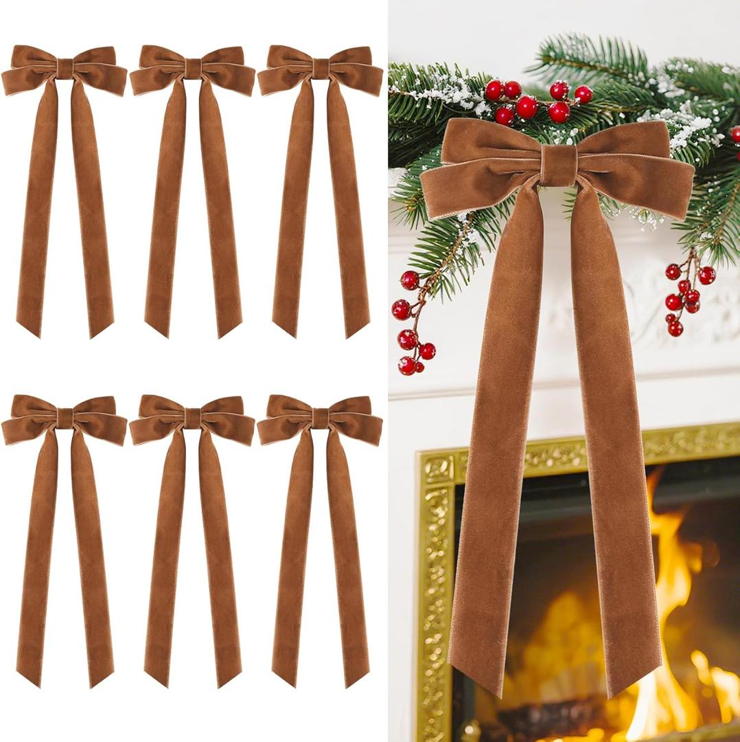 Velvet Large Christmas Bows for Staircase Garland Wreath, 20in x 8in Vintage Ribbon Bows with Twist Tie for Xmas Tree Holiday Indoor Outdoor Decorations (6Pcs, Light Brown) (20 x 8 Inch, Width of 1.5")
