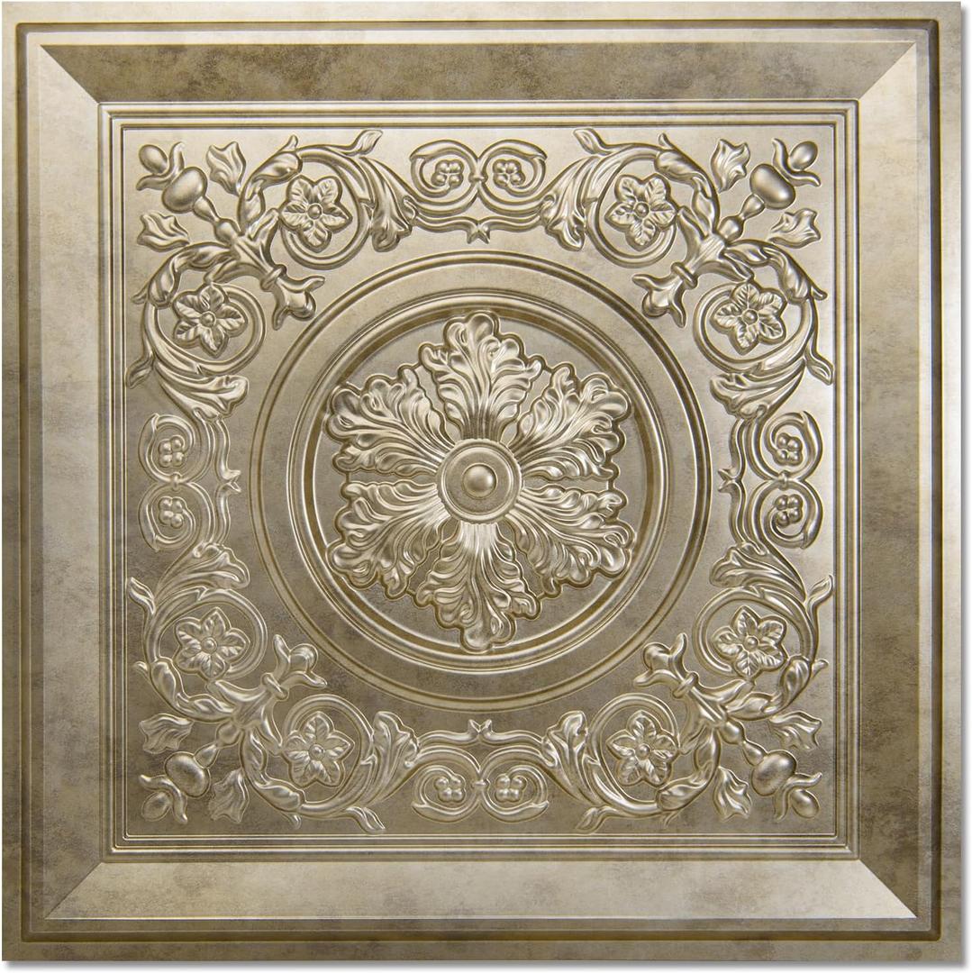 WOWSTAR 12-Pack 24"x24" Drop Ceiling Tiles, Vintage Style Waterproof Glue up Ceiling Panels Decor, Antique Gold