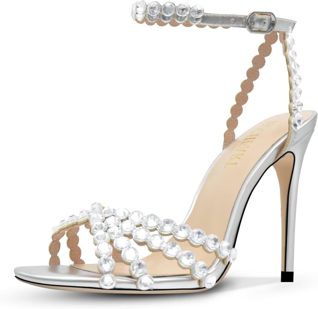 HOCHFART Silver High Heels Rhinestones High Heels Strappy Heels for Women Round Toe Sexy Pumps Crystal Stiletto Heels Sandals Silver Heels for Prom Size 7
