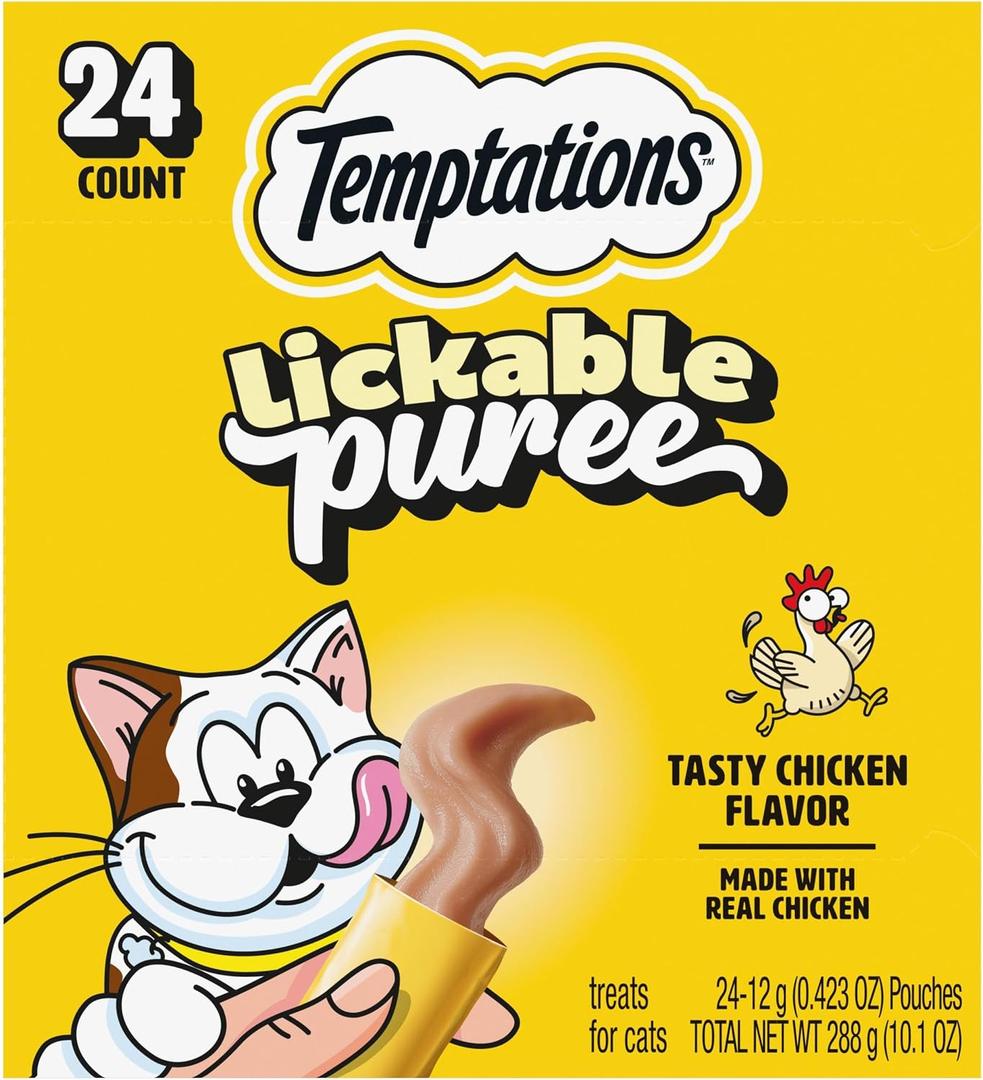 Temptations Creamy Puree Squeezable Lickable Cat Treats, Wet Cat Treats with Chicken, 0.42 oz. Tubes, 24 Count (EXP 12/23/27)