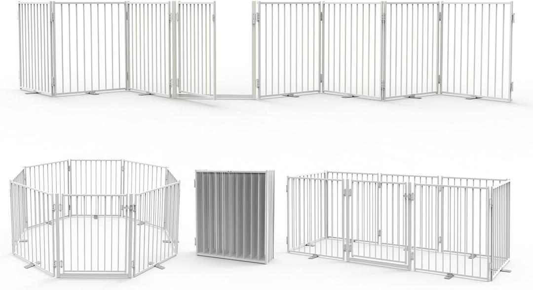 No Pawblems Free Standing Dog Gate with Door, 30'' Tall Foldable Dog Fence for Indoor & Outdoor, Up to 208 Inch Extra Wide Puppy Gate for Stairs, Hallways, Doorways, Deck, Yard (White, 8 Panels)