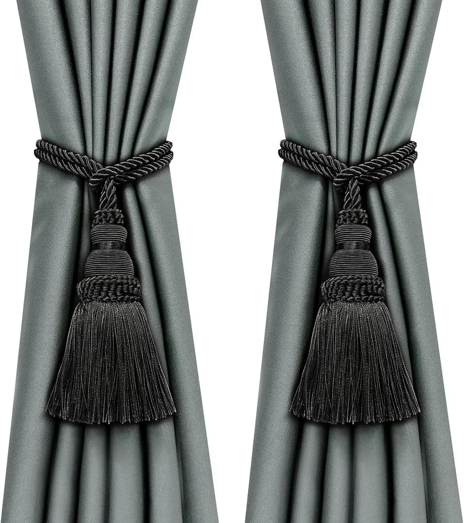 Fenghuangwu 2 Pack Curtain Tie Backs Rope Tassels for Curtains Drape tiebacks Handmade Outdoor Home and Outdoor Decorative (Black, 2p)