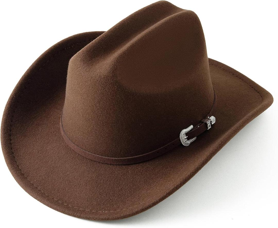 Jastore Kids Western Cowboy Hat for Girl Boy Wide Brim Beach Cowgirl Hat with Belt Buckle Cattleman Cowboys Hats (5-10 Years, Coffee)