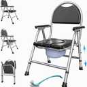 4 in 1 Folding Bedside Commode Chair for Elderly with Arms and Back,Adjustable Height Raised Toilet Seat with Handles,Adults Potty Chair for Seniors,Disabled Holds Up to 350 lbs (PU Soft Seat)