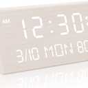 Kogonee Wooden Digital Alarm Clock, 0-100% Dimmer, 2 Alarm Settings, Weekday/Everyday Mode, 9 Mins Snooze, 12/24H, Temperature and Date Display for Office, Travel, Bedroom Alarm Clock (White)