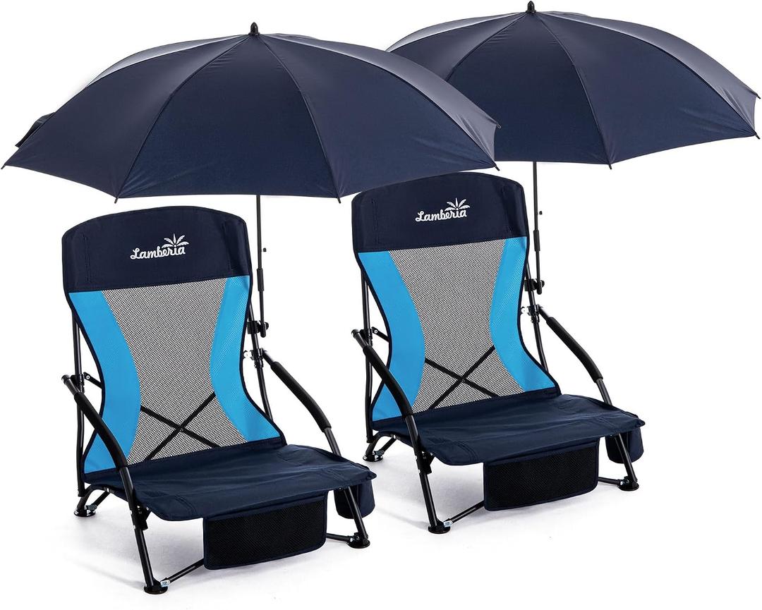 Folding Beach Chair with Umbrella for Adults, 2 Pack Portable Low Beach Chairs with 300lbs Capacity, Lightweight Fodable Camping Chair for Travel, Picnic, Concert & Outdoor Activities, Navy Blue, 27.5 x 22 x 20 inches