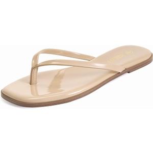 Rihero Flip Flops for Women Comfortable Square Toe Beach Sandals Slip On Leather Thong Flat Sandals Dressy Size 8.5