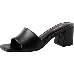 PIZZ ANNU Women's Square Open Toe Heels Sandals Low Block Chunky Heeled Sandal Slip on Mules Comfortable Casual Dress Pumps Shoes (7, Black)
