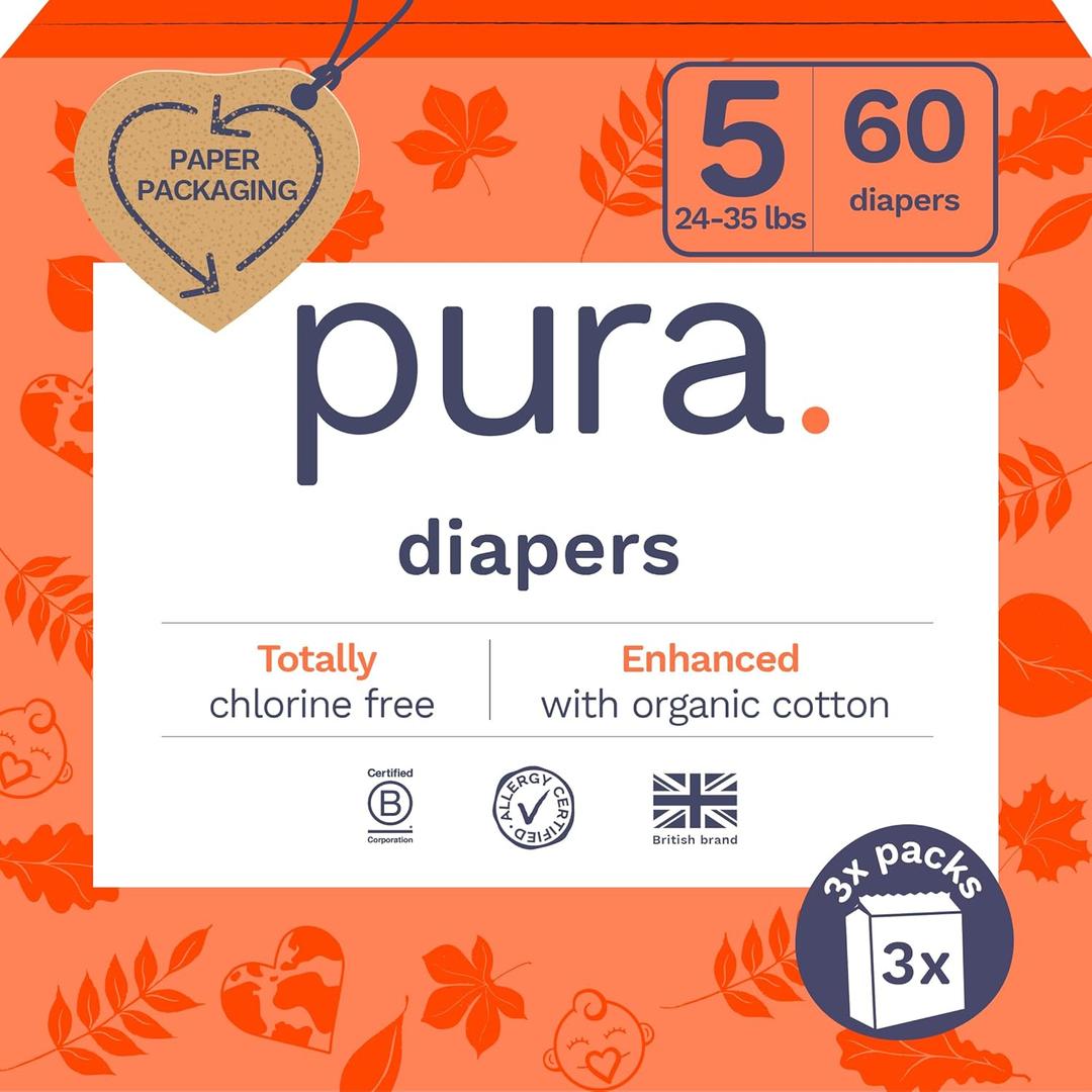 Pura Size 5 EcoFriendly Diapers (2435lbs) Totally Chlorine Free (TCF) Hypoallergenic, Soft Organic Cotton, Sustainable Comfort, 12 Hours Leak Protection, Allergy UK,1 Pack of 20 Diapers