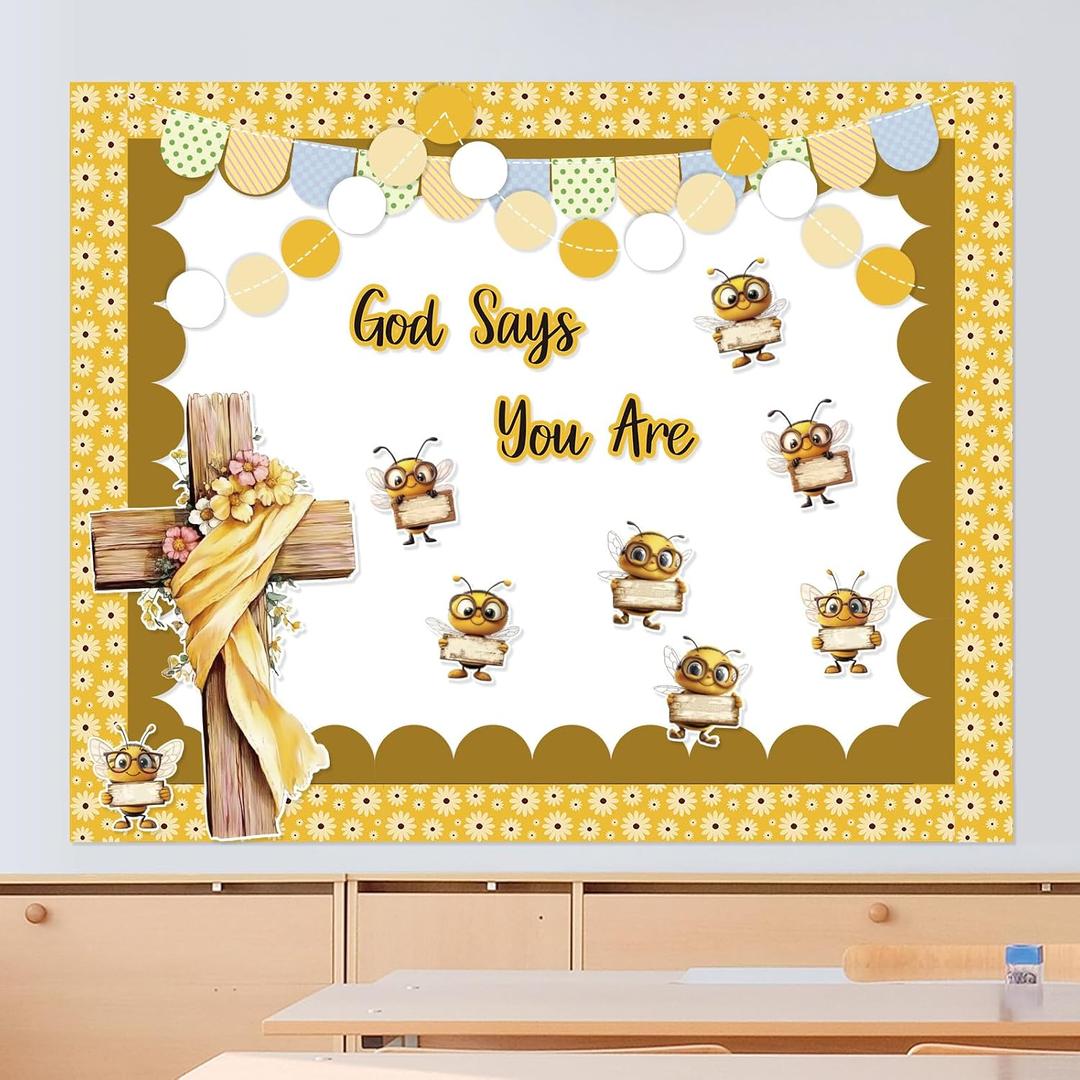 Spring Bee Bulletin Board Decoration Christian GOD SAYS You are Gold Bee Cutouts Cross Decor Set for Spring Sunday School Classroom Supplies