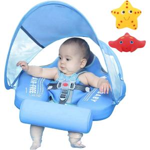 Mambobaby Float with Canopy Size Improved Non Inflatable Infant Baby Pool Float Smart Mambo Float Swim Trainer Add Tail Baby Swim Float Mambo Baby Float Solid Air Free Water Waist Swimming Ring (Sealion Blue)