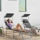 SONGMICS Sun Lounger, Patio Chaise Lounge Chair, Folding, with Canopy, 76 x 20.9 x 11.4 Inches, Holds 330 lb, Headrest, Adjustable Backrest, Outdoor Garden Pool, Dark Gray UGCB19UV1, 193 X 53 X 29 Cm