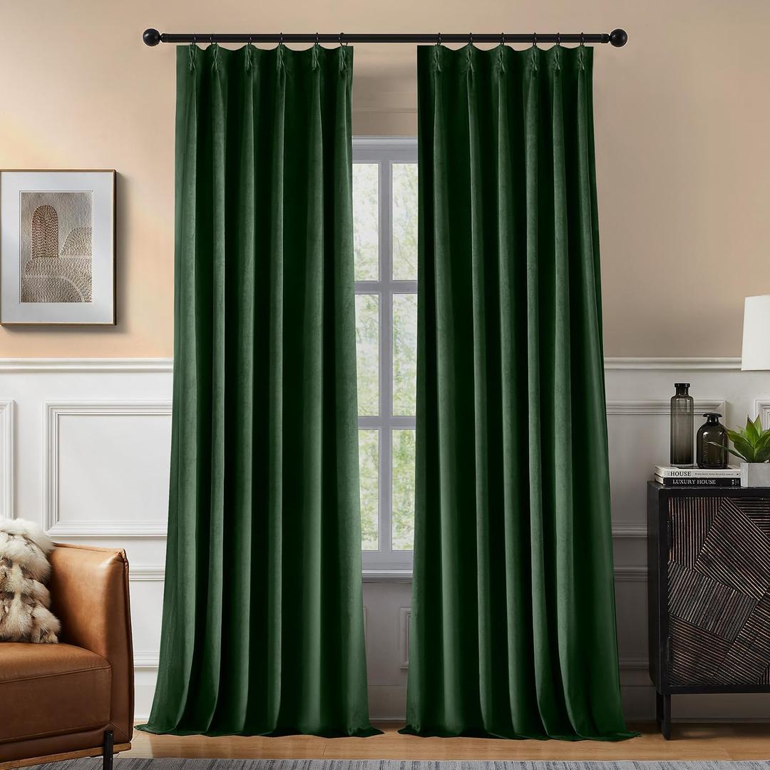 Pinch Pleated 100% Blackout Curtains for Bedroom, Olive Green Velvet Curtains for Living Room, Black Out Curtain 96 inch Long Room Darkening, Blackout Pinch Pleat Drapes with Hooks 2 Panels