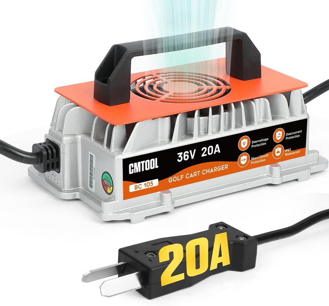 CMTOOL 20 Amp 36 Volt Golf Cart Battery Charger for EZGO & Yamaha & Club Car, IP67 Waterproof, Fully Automatic 36V Trickle Charger with Crowfoot Plug, for Lead-Acid Batteries