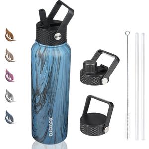BJPKPK Insulated Water Bottles with Straw Lid, 40oz Stainless Steel Water Bottles with 3 Lids, BPA Free Leakproof Thermo, Tumblers, Cups for Sports- Wood Prussian Blue