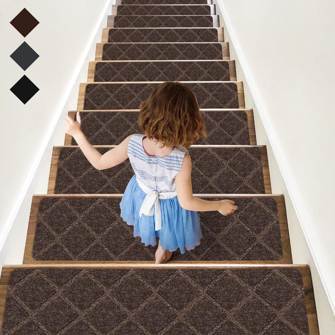 RIOLAND Stair Treads Carpet Non-Slip Indoor 15 PCS Wood Stair Treads Rugs Modern Stair Runners for Kids Dogs, 8" X 30", Diamond Brown