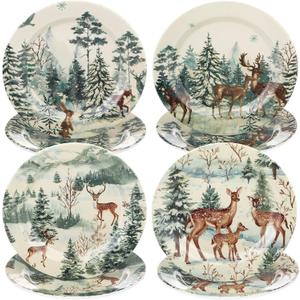 8 Pcs Christmas Melamine Salad Plates Winter Melamine Dessert Plates Assorted Designs Christmas Dishes Dinnerware Set for Xmas Birthday Party Gift Appetizer(Elk,Green,10 Inch)