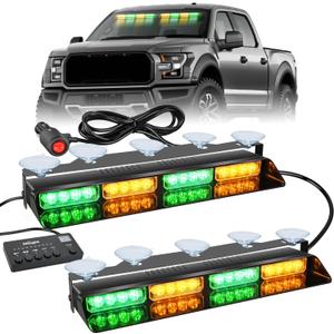 Nilight 32LED Amber Green Emergency Dash Strobe Lights with Controller Suction Cups Warning Hazard Interior Front/Rear Windshield Deck Split Light Bar for Truck Construction Vehicle