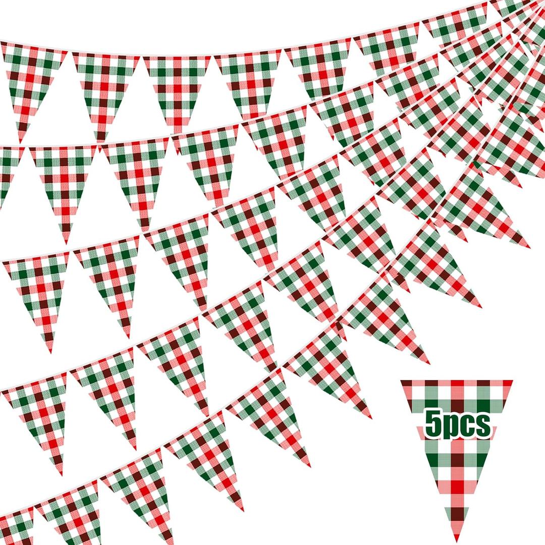 5 Pieces Christmas Banners Red and Green Buffalo Plaid Pennant Flags Christmas Single Sided Paper Triangle Flag for Holiday Decoration Birthday Wedding Party Outdoor Decor