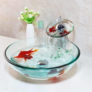 Clear Bathroom Sink Hand Painting Gold Fish Tempered Glass Vessel Sink Basin with Waterfall Faucet and Drain Combo,16"Round Glass Bowl Sink Above Counter Clear Bathroom Vessel Sink Set
