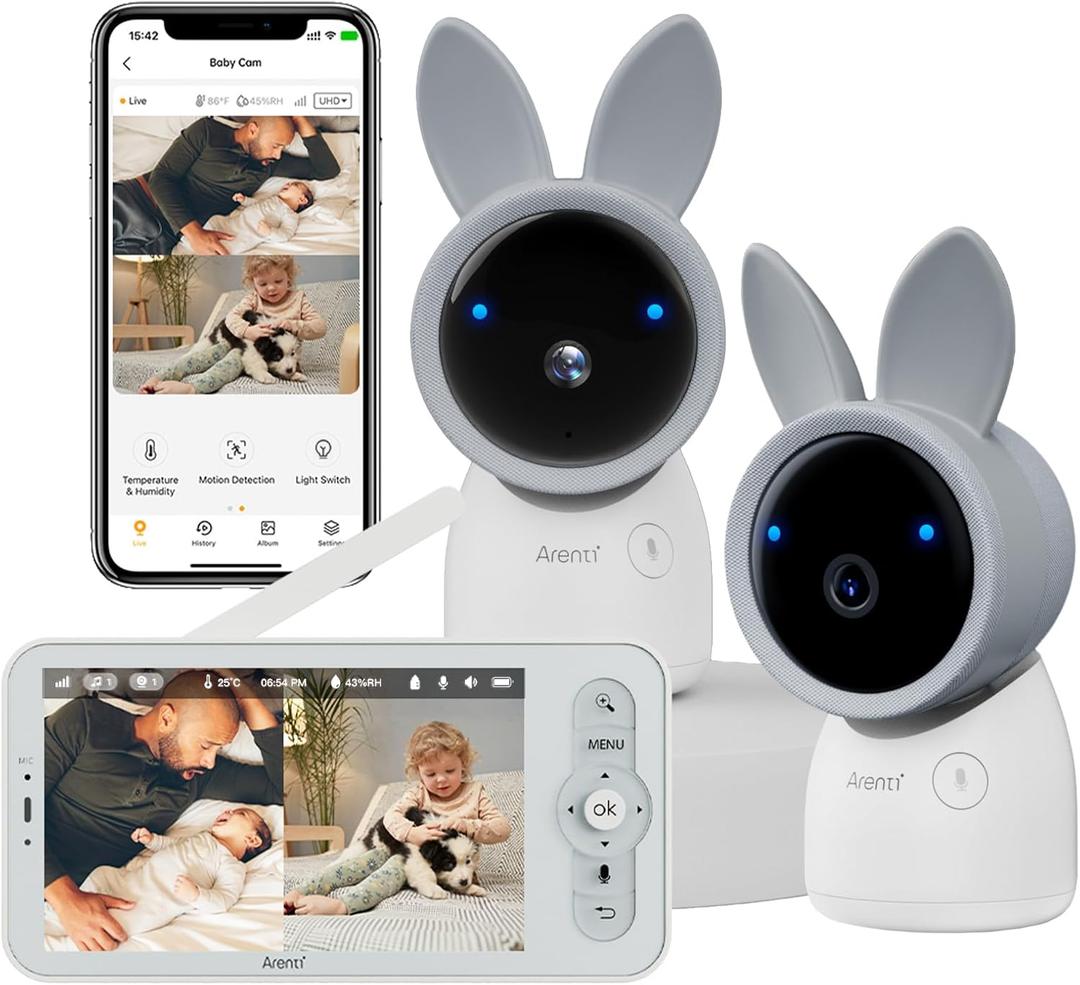 ARENTI Baby Monitor with 2 Cameras, Cry&Motion Detection, 2K Smart Baby Camera with 5'' Upgraded Wireless Display, 2 Way Audio, Super Night Vision, Lullabies, Breathing Light, Temp&Humidity Sensor (grey)
