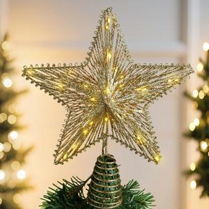 Christmas Tree Topper Star 12 Inch Gold Glitter Hollow Star Tree Topper Metal with Warm White 30 LED Lights for Xmas Decorations Ornaments Indoor Decor Holiday Party