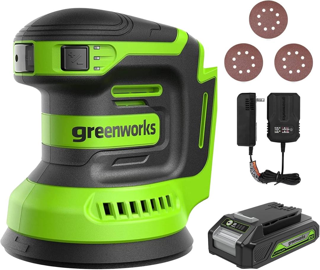 Greenworks 24V Orbital Sander Kit, 5" Random Sander Variable Speed, 2Ah Battery and Charger Included