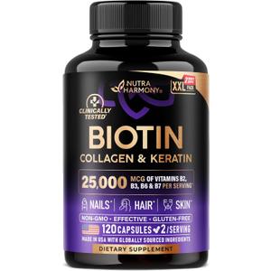 Biotin | Collagen | Keratin - Clinically Tested Supplement - Hair Growth Support, Skin & Nails - 25000 mcg Vitamins B2, B3, B6 & B7 + B1 & Hyaluronic Acid - Made in USA - Women & Men | 120 Capsules, BB 01/2027