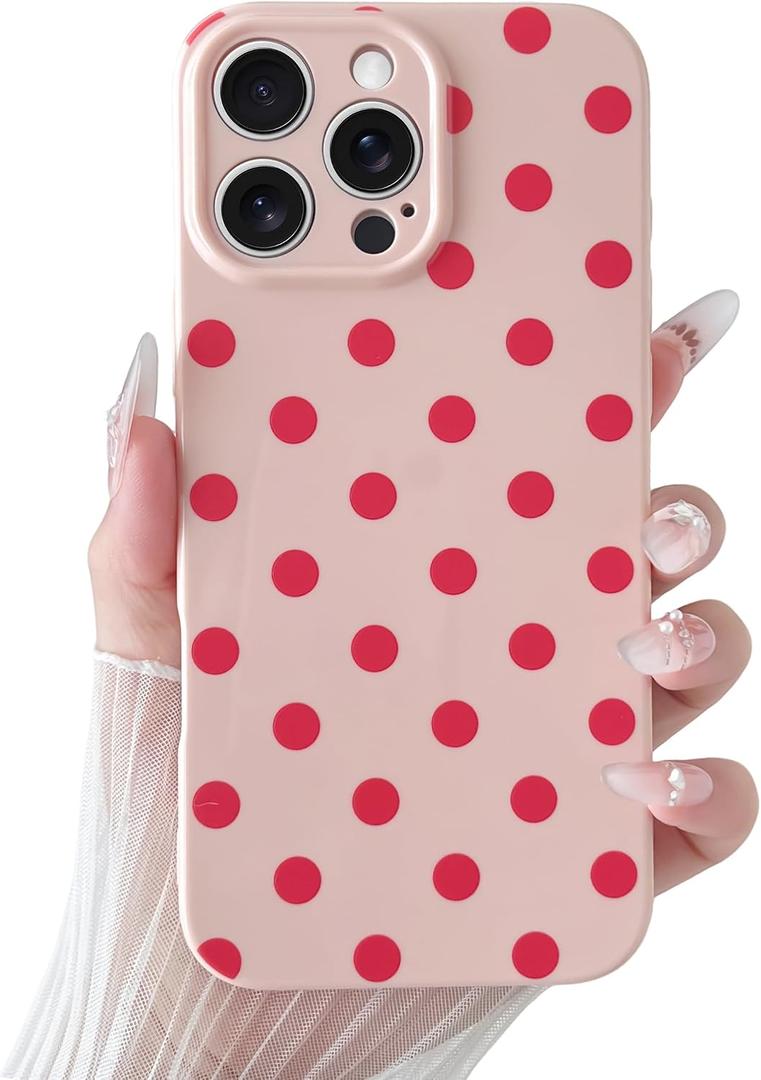Skyseaco Compatible with iPhone 16 Pro Max Case Cute Polka Dot Phone Case Soft Slim TPU Shockproof Phone Cover Full Camera Protection for Women Girls - Pink&Red