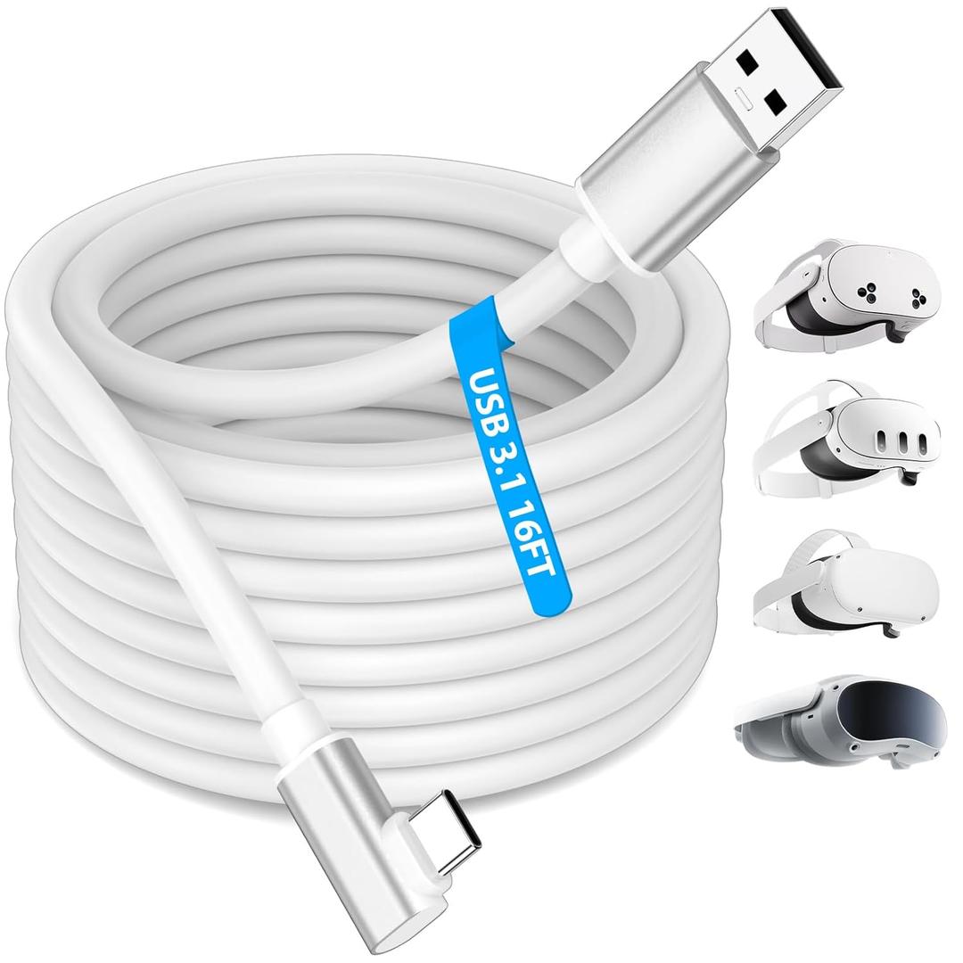 iMangoo 16ft Long Extension Cord for Samsung Galaxy VR for Apple Vision Pro, USB 3.1 to USB C Type Link Cable for Virtual Reality Headset to PCVR PC Steam for Oculus/Quest 3 Meta 3S 2 Pico 4/ Ultra (White)
