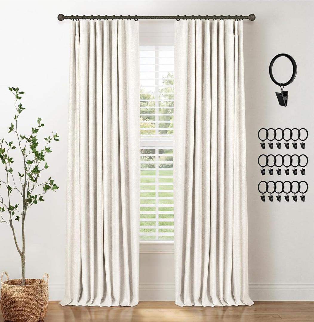 INOVADAY 100% Blackout Curtains for Bedroom, Black Out Curtains 84 Inch Long, Clip Rings Linen Blackout Drapes, Thermal Insulated Room Darkening for Living Room, 2 Panels - Beige,W50xL84