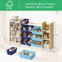 EXPERLAM 3-in-1 Toy Storage Organizer, Stuffed Animal Holder & 3-Tier Bookcase, Solid Wood Toy Organizer with 12 Storage Bins, Space-Saving Toy & Book Shelf for Kids Rooms, Bedroom, Playroom, Blue, Large