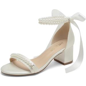 Block Heel Wedding Sandals Open Toe Pearl Wedding Shoes for Bride Low Heel Bridal Shoes Chunky Heel Sandals-Ivory, Size: 8