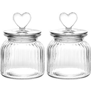 WHJY Set of 2 Airtight Glass Jars, 22oz Jar of Hearts Cute Cookie Jar Decorative Jars with Lids Candy Jars for Candy Buffet Heart Shaped Lid (Stripes Textured)