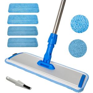 17.5" Professional Microfiber Floor Cleaning Mop, Flat Mop with Stainless Steel Handle, 2 Reusable Washable Pads, Wet and Dust Mopping for Hardwood, Vinyl, Laminate, Tile Cleaning (Blue)