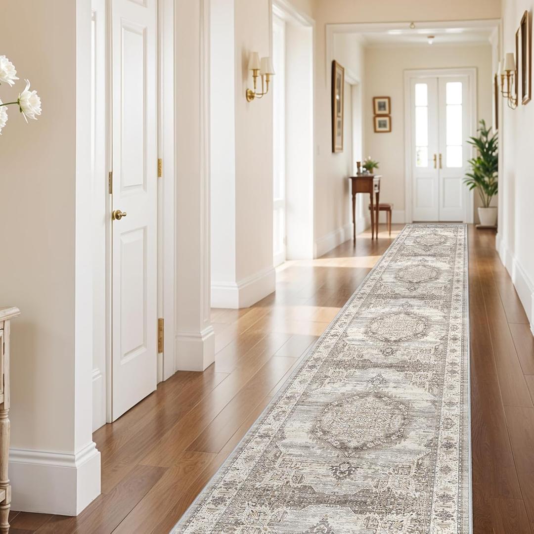 Washable 3x20 Extra Long Runners: Oriental Non-Slip Hallway Runner Rugs for Kitchen Dining Room Indoor Farmhouse Thin Entryway Mat Stain Resistant Soft Carpet for Living Room Bedroom (Beige,3x20)