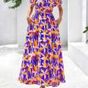 BTFBM Womens Spring 2026 Casual Maxi Dresses Short Sleeve Smocked Tiered Floral Boho Long Beach Dress with Pockets (M)