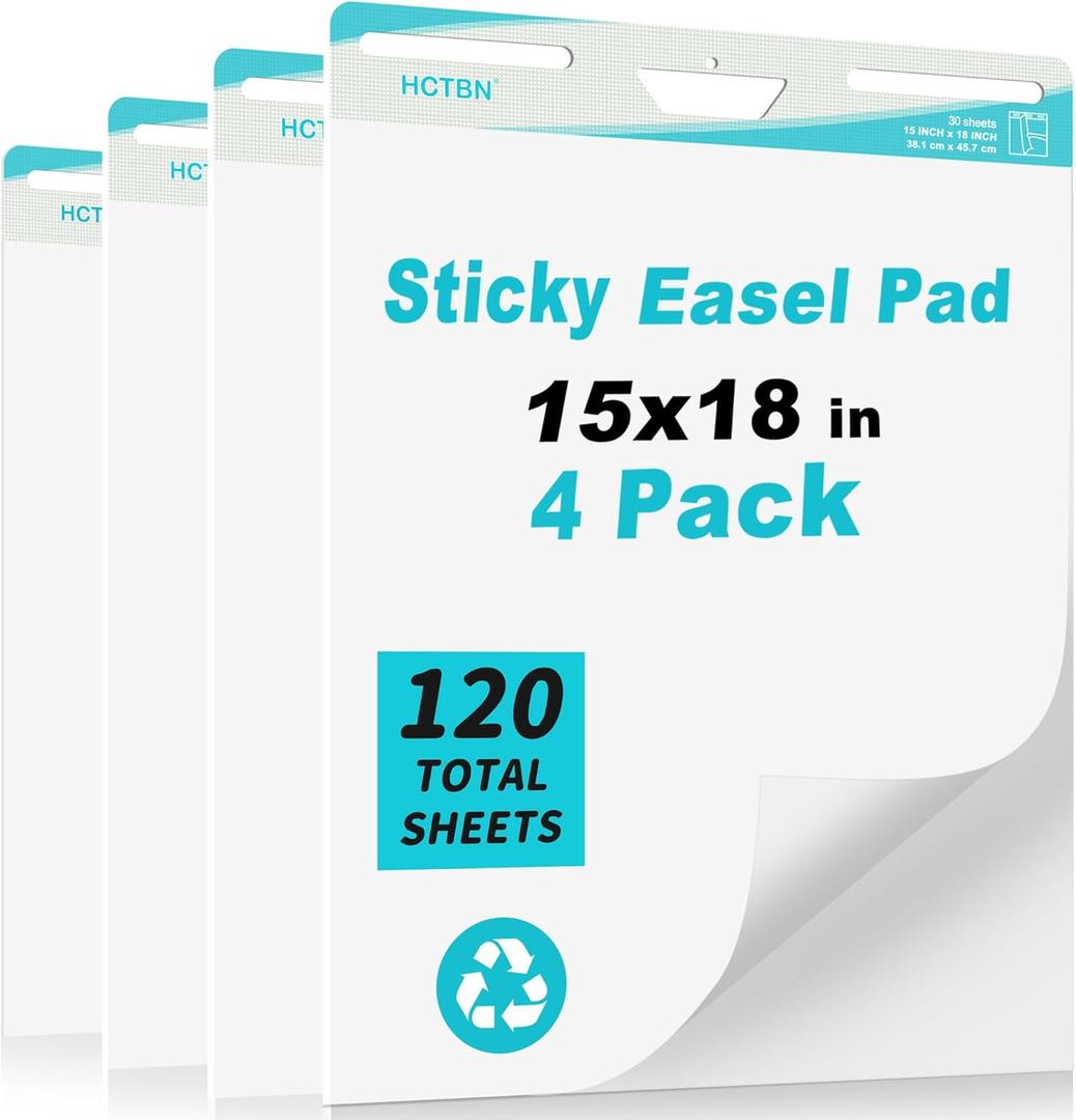 Self-Stick Mini Easel Pad, 15 in x 18 in, 30 Sheets/Pad, 4 Pads, Sticky Flip Chart Paper for Teachers, Great for Students, Super Sticking Power & Bleed-Resistant