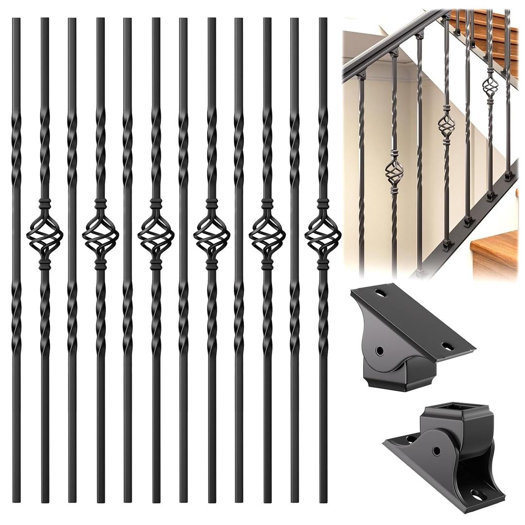 Staircase Balusters, 12-Pack Hollow Stair Spindles 40" Single Basket with Double Twist 1/2" Iron Balusters for Staircase Interior with 24 Swivel Baluster Shoes