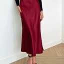 BTFBM 2025 Womens Summer Fall Long Satin Skirt Silk Elegant High Waist Cocktail Party Wedding Flowy A-Line Midi Skirts (Red, L)