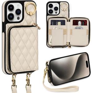 Case for iPhone 15 Pro Max 6.7'' Wallet Case, Crossbody Zipper Purse Handbag Wristlet for Women, RFID Blocking Card Holders, 360 Ring Kickstand Flip Leather Cover for iPhone 15 Pro Max, Beige