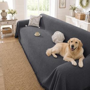 Chenille Couch Cover for Dogs Washable Boho Throw Blanket Washable | 71"118",Dark Gray, Soft Chenille, Tassel Design, Pet Friendly, Furniture Protector, for Couch, Sofa, Bed, Living Room