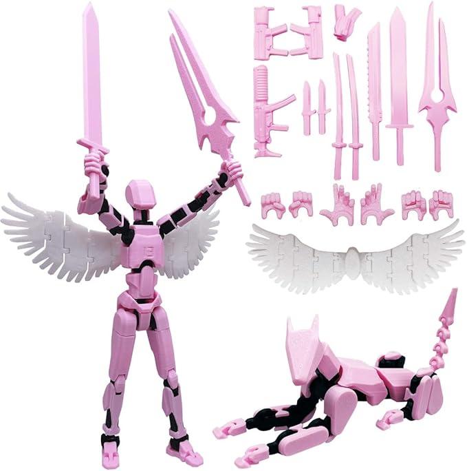 masijssa T13 3D Action Figures Set Titan 13 Action Figure Dummy 3D Printed Robo MultiJointed Movable Toy with Full Articulation for Collectors Desktop (Assembly Completed Pink Black Figure + Dog)